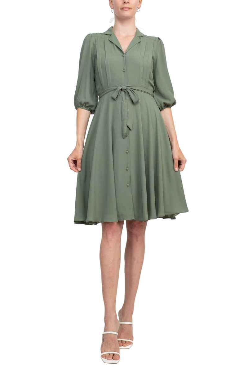 Nanette Lepore Collared 3/4 Sleeve Pleated Tie Waist Solid Rayon Dress