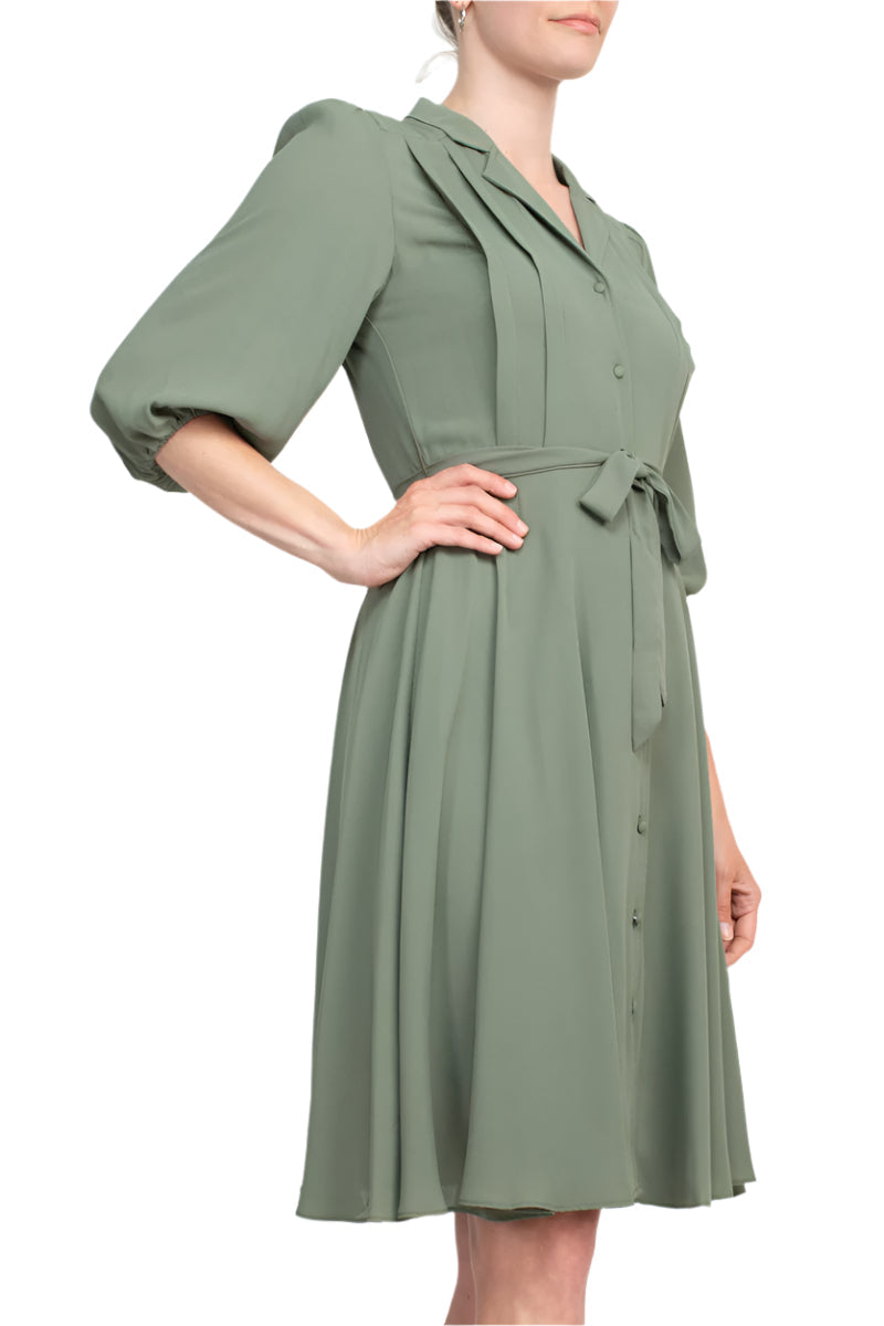 Nanette Lepore Collared 3/4 Sleeve Pleated Tie Waist Solid Rayon Dress