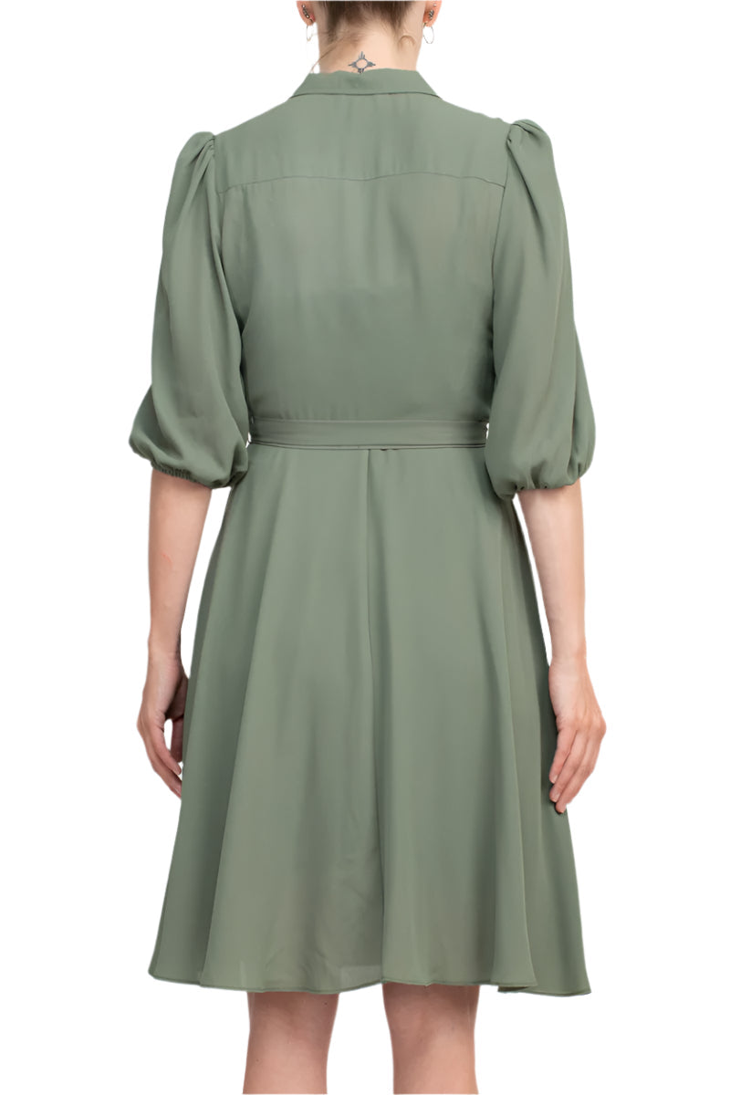Nanette Lepore Collared 3/4 Sleeve Pleated Tie Waist Solid Rayon Dress