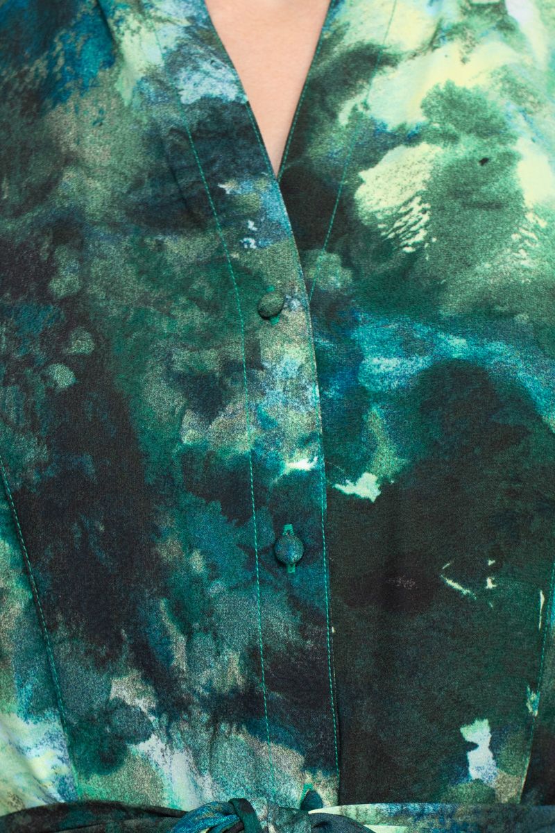 Nanette Lepore Split Neck Button Front Closure Elastic Cuff Tie Waist Multi Print Chiffon Dress