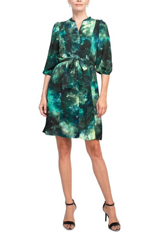 Nanette Lepore Split Neck Button Front Closure Elastic Cuff Tie Waist Multi Print Chiffon Dress