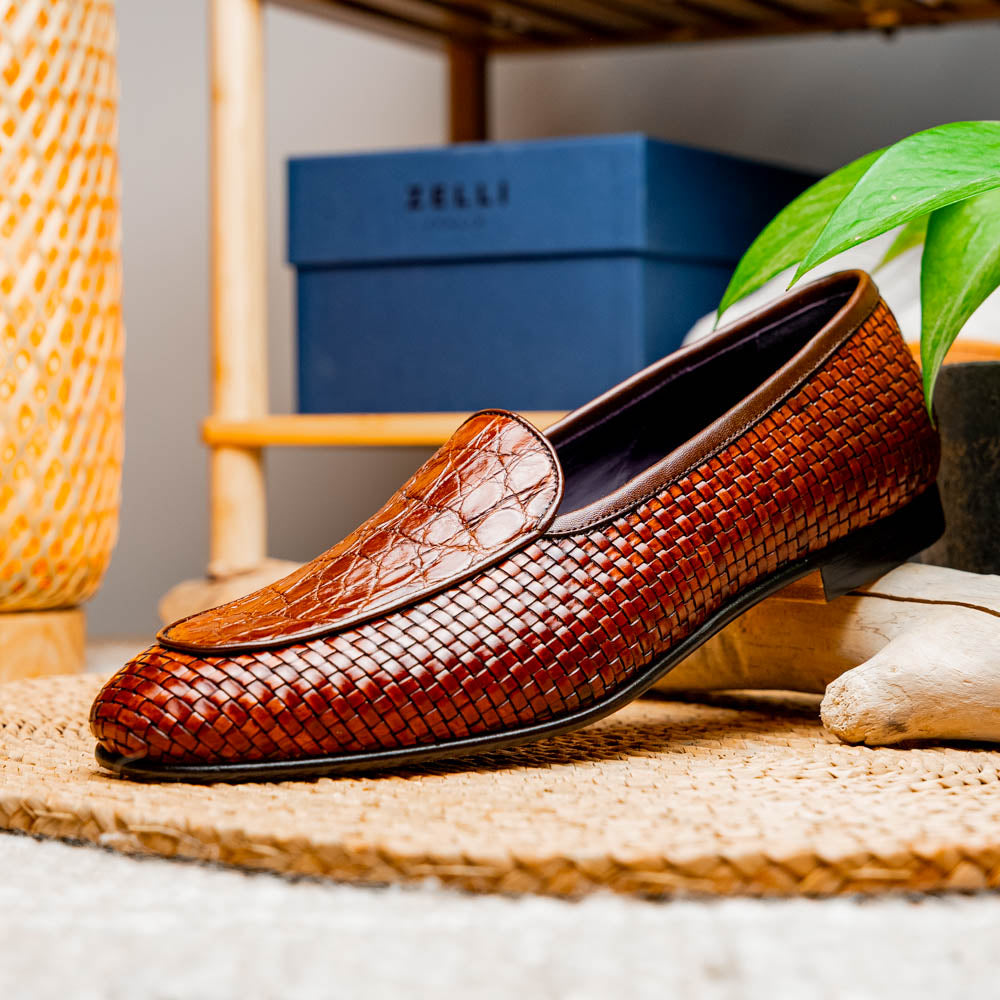 11-620-CGN PALIO Genuine Crocodile and Calfskin Basketweave Slip On, Cognac