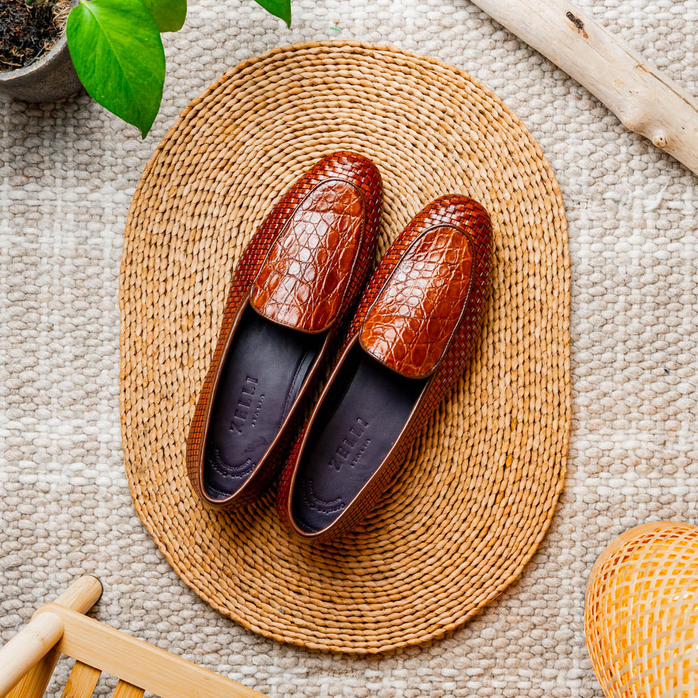 11-620-CGN PALIO Genuine Crocodile and Calfskin Basketweave Slip On, Cognac