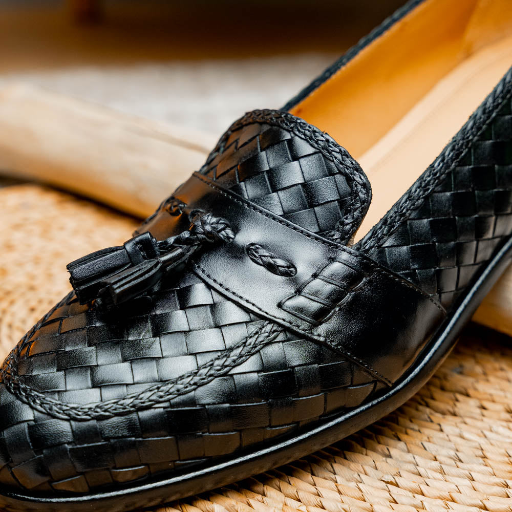 15-250-BLK RIVIERA Basketweave Calfskin Tassel Loafer, Black