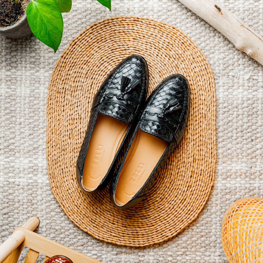15-250-BLK RIVIERA Basketweave Calfskin Tassel Loafer, Black