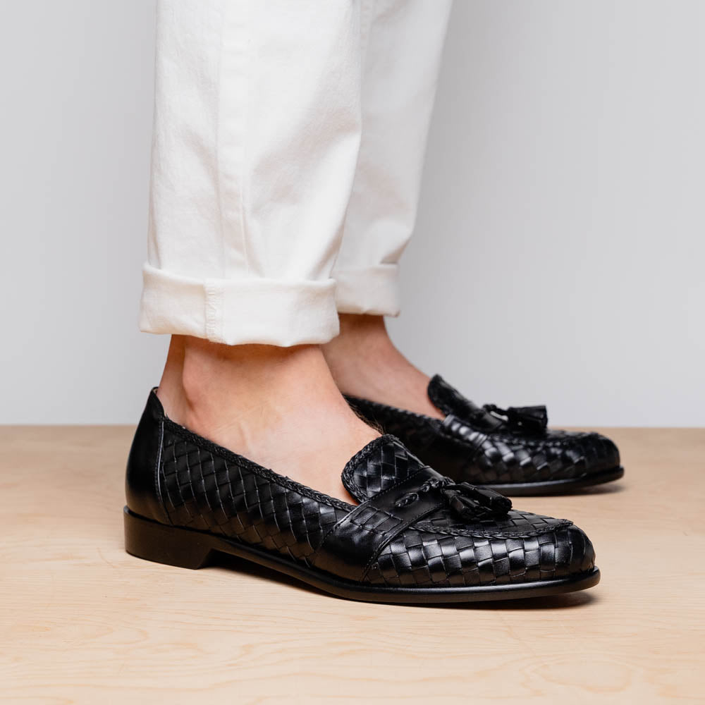 15-250-BLK RIVIERA Basketweave Calfskin Tassel Loafer, Black