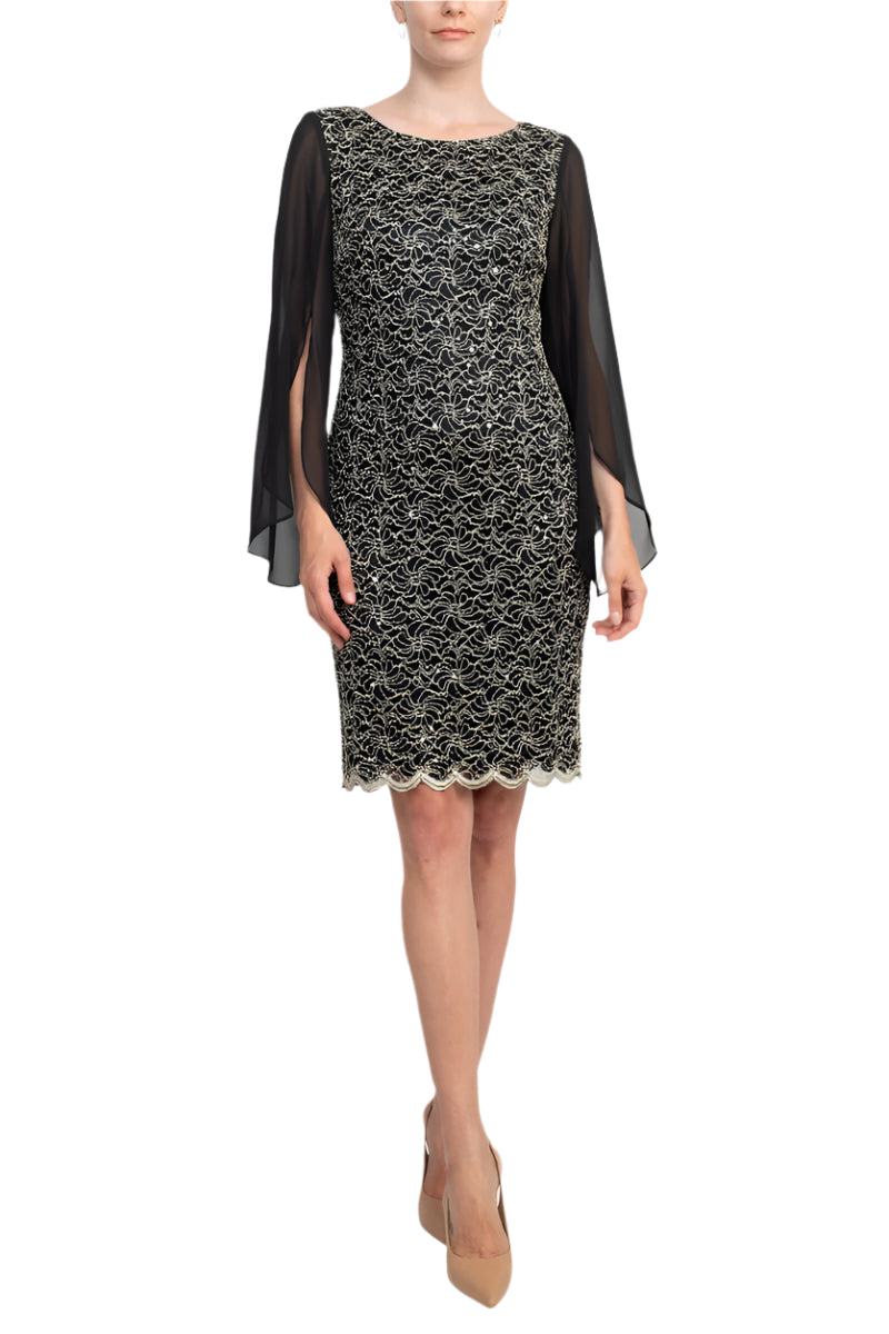 Connected Apparel Boat Neck Chiffon Sleeve Sequined Lace Dress