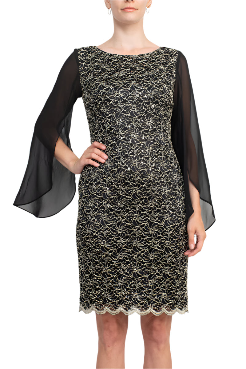 Connected Apparel Boat Neck Chiffon Sleeve Sequined Lace Dress