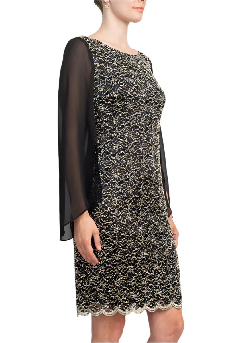 Connected Apparel Boat Neck Chiffon Sleeve Sequined Lace Dress