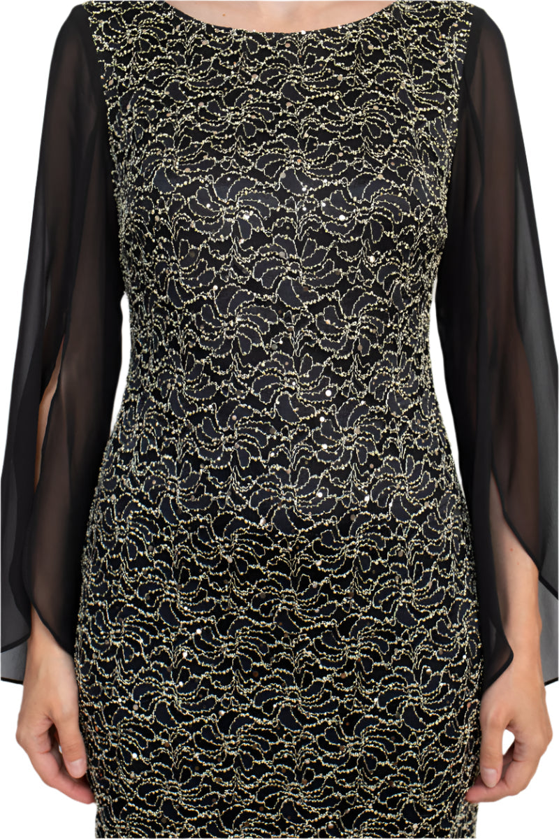 Connected Apparel Boat Neck Chiffon Sleeve Sequined Lace Dress