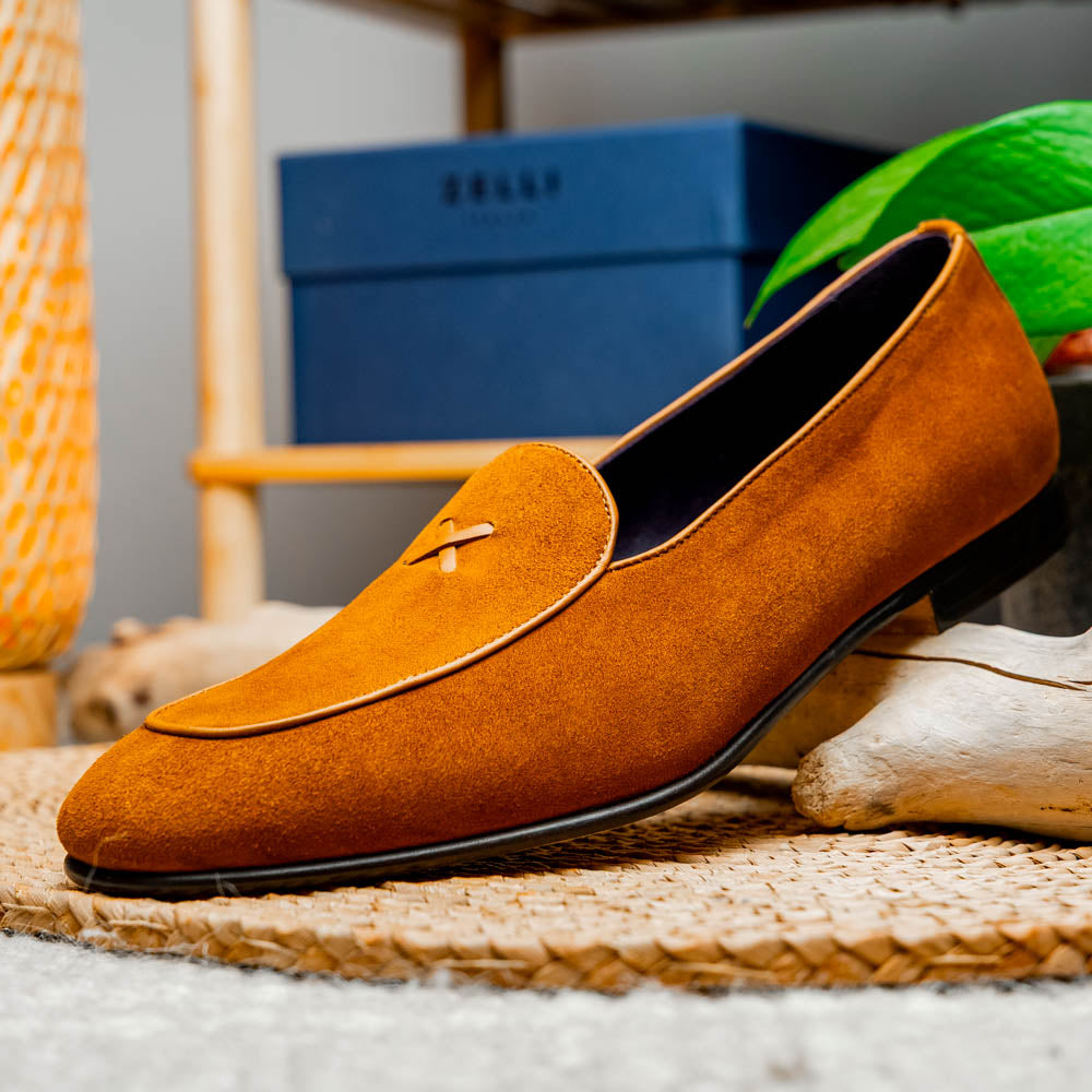 16-681-CGN X Italian Sueded Goatskin Loafer, Cognac